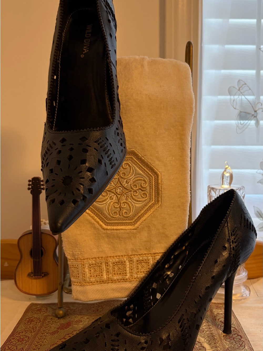 Wild Diva Black Laser-Cut Pointed Toe Stiletto Heels